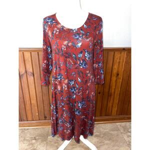 Womens Garnet Hill Maroon Floral Jersey Knit Soft Swing Dress 3/4 Sleeve Size S‎